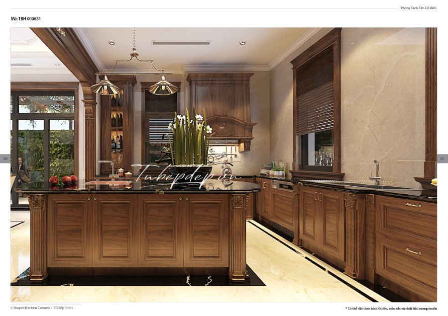 Thiết kế phòng bếp biệt thự tân cổ điển gỗ óc chó